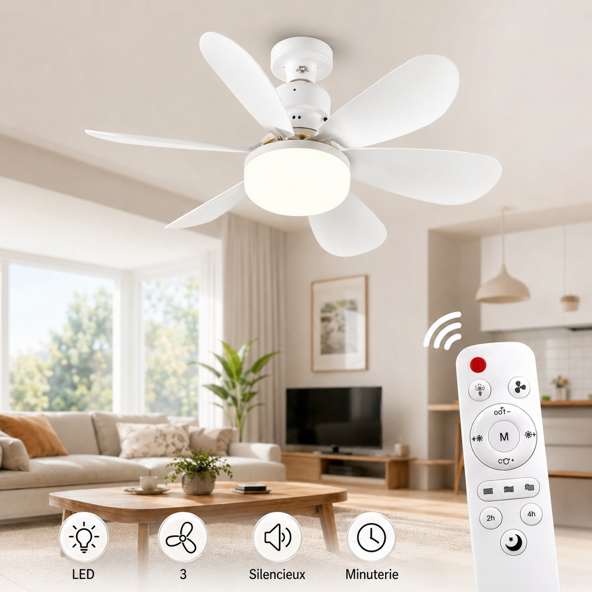 Ventilateur de plafond LED AirLume - vue de face, pales blanches